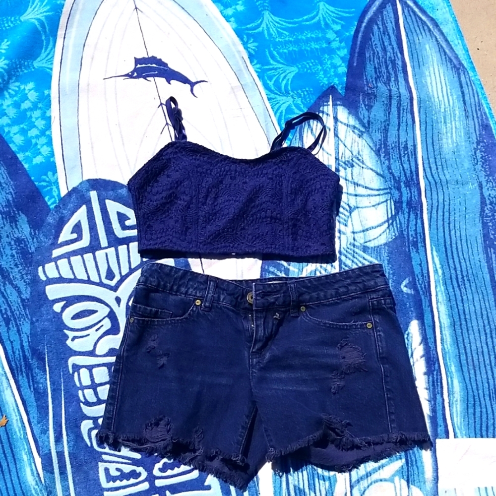 O'Neill Distressed Jean Shorts With Navy Blue Lace Bustier Crop Top